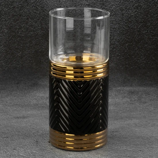 Świecznik ceramiczny czarno-złoty z wytłaczanym geometrycznym wzorem - ∅ 11 x 23 cm - czarny