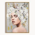Obraz STELLA portret kobiety w nakryciu głowy z kwiatów ręcznie malowany na płótnie w ramie - 60 x 80 cm - szary 1