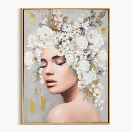 Фото - Картина Obraz STELLA portret kobiety w nakryciu głowy z kwiatów ręcznie malowany na płótnie w ramie 60 x 80 cm szary,biały