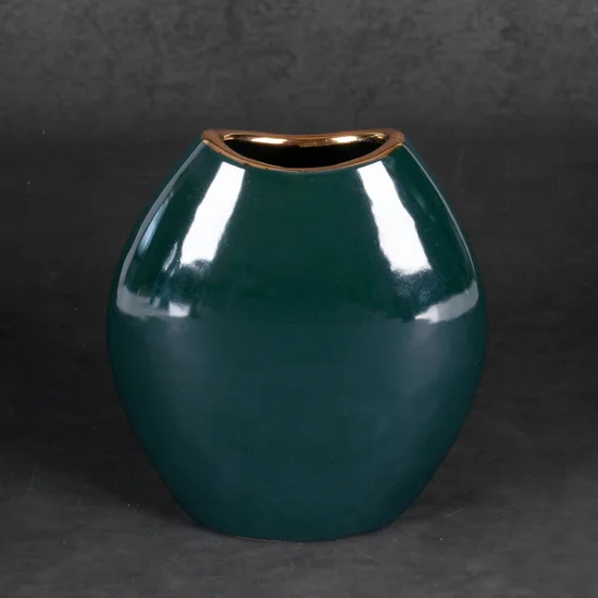 Wazon ceramiczny AMORA 2 o lśniącej powierzchni ze złotym detalem - 14 x 7 x 16 cm - zielony