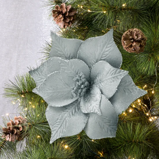 Świąteczny kwiat dekoracyjny z welwetu ze srebrnymi brzegami - 20 cm - srebrny
