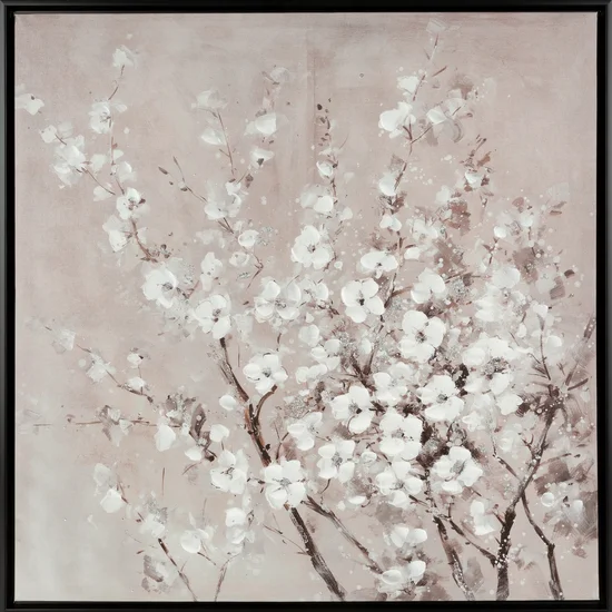 Obraz BRANCH 1 ręcznie malowany na płótnie kwitnąca gałąź w czarnej ramie - 60 x 60 cm - beżowy