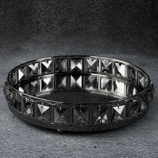 Okrągła taca dekoracyjna HANA 3 z lustrzanym blatem i metalowym obrzeżem z kryształami w stylu glamour - ∅ 27 x 6 cm - czarny