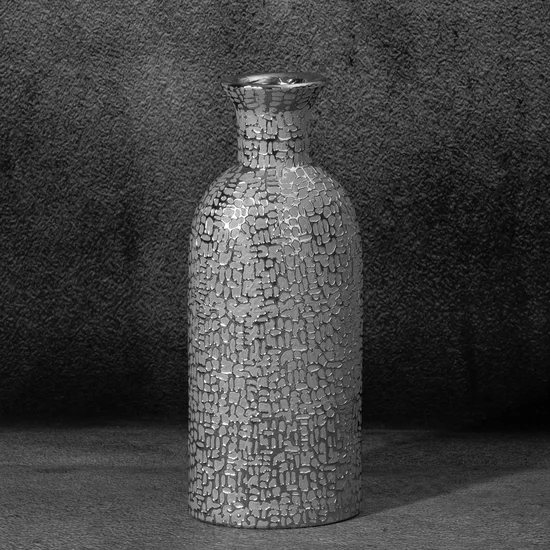 Wazon ceramiczny RISO z drobnym błyszczącym wzorem - 12 x 8 x 30 cm - srebrny