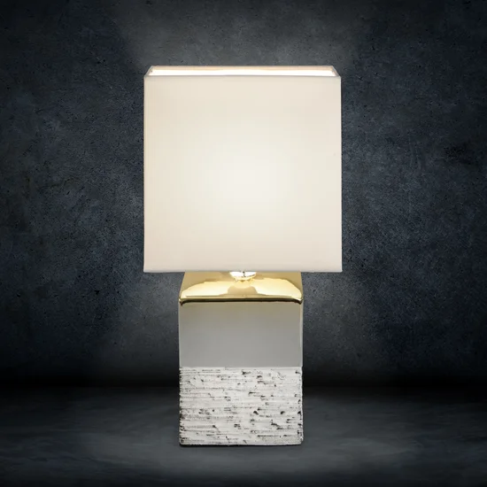 Lampka stołowa BRENDA na dwukolorowej ceramicznej podstawie z abażurem z matowej tkaniny - 15 x 15 x 31 cm - biały