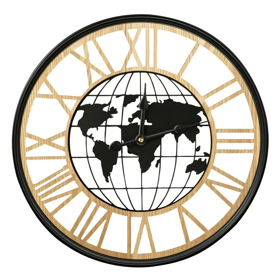 Dekoracyjny zegar ścienny z mapą - 60 x 5 x 60 cm - czarny
