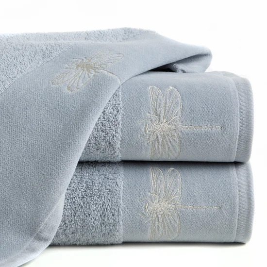 Ręcznik z błyszczącym haftem w kształcie ważki na szenilowej bordiurze - 50 x 90 cm - szary