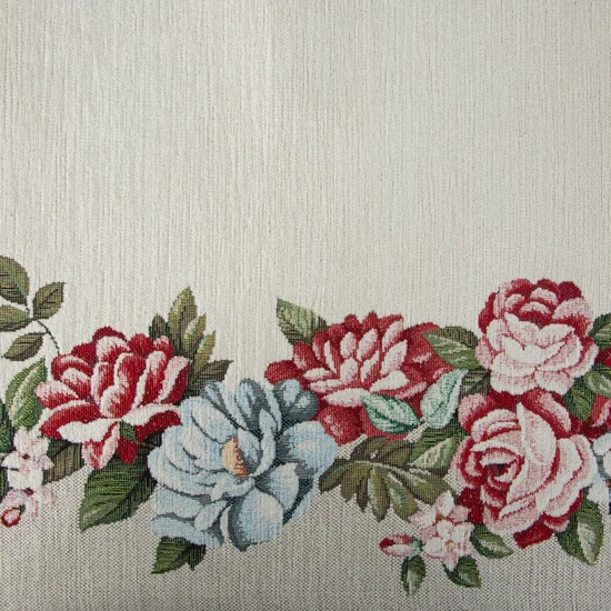 Bieżnik z grubszej tkaniny gobelinowej z nicią szenilową z motywem kwiatów - 45 x 140 cm - naturalny