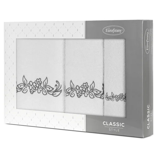 Zestaw upominkowy  CLAVIA 3 szt ręczników z haftem z motywem kwiatowym w kartonowym opakowaniu na prezent - 56 x 36 x 7 cm - biały