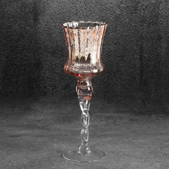 Świecznik bankietowy szklany CLARE na wysmukłej nóżce o marmurkowej strukturze - ∅ 10 x 30 cm - złoty