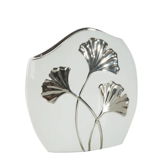 Wazon ceramiczny BILOBA z motywem liści miłorzębu biało-srebrny - 19 x 7 x 19 cm - biały