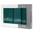 Zestaw upominkowy  CLAVIA 3 szt ręczników z haftem z motywem kwiatowym w kartonowym opakowaniu na prezent - 56 x 36 x 7 cm - ciemnozielony 1