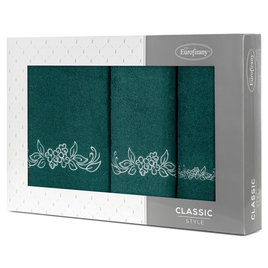 Zestaw upominkowy  CLAVIA 3 szt ręczników z haftem z motywem kwiatowym w kartonowym opakowaniu na prezent - 56 x 36 x 7 cm - ciemnozielony