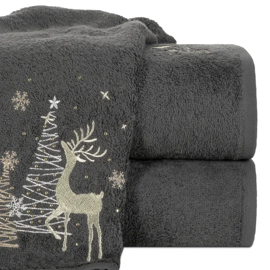 Ręcznik świąteczny SANTA 20 bawełniany z haftem z reniferem i choinkami - 50 x 90 cm - stalowy