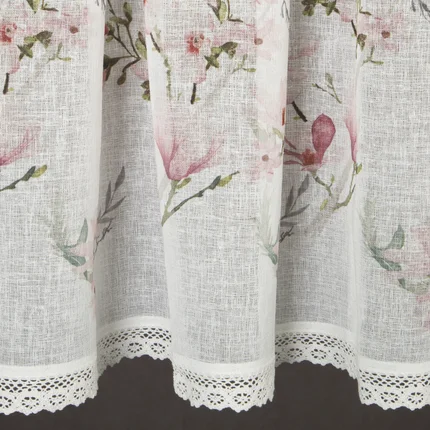 Zazdrostka z etaminy zdobiona nadrukiem magnolii i koronką, styl rustykalny Zazdrostka z etaminy zdobiona nadrukiem magnolii i koronką, styl rustykalny - 150 x 30 cm