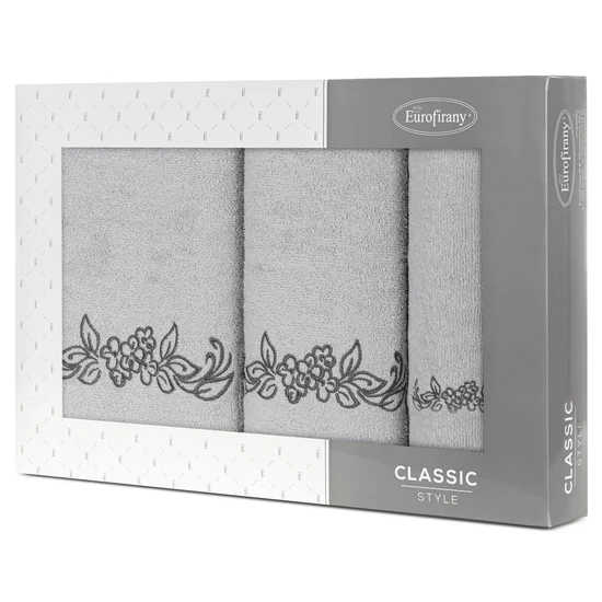 Zestaw upominkowy  CLAVIA 3 szt ręczników z haftem z motywem kwiatowym w kartonowym opakowaniu na prezent - 56 x 36 x 7 cm - srebrny