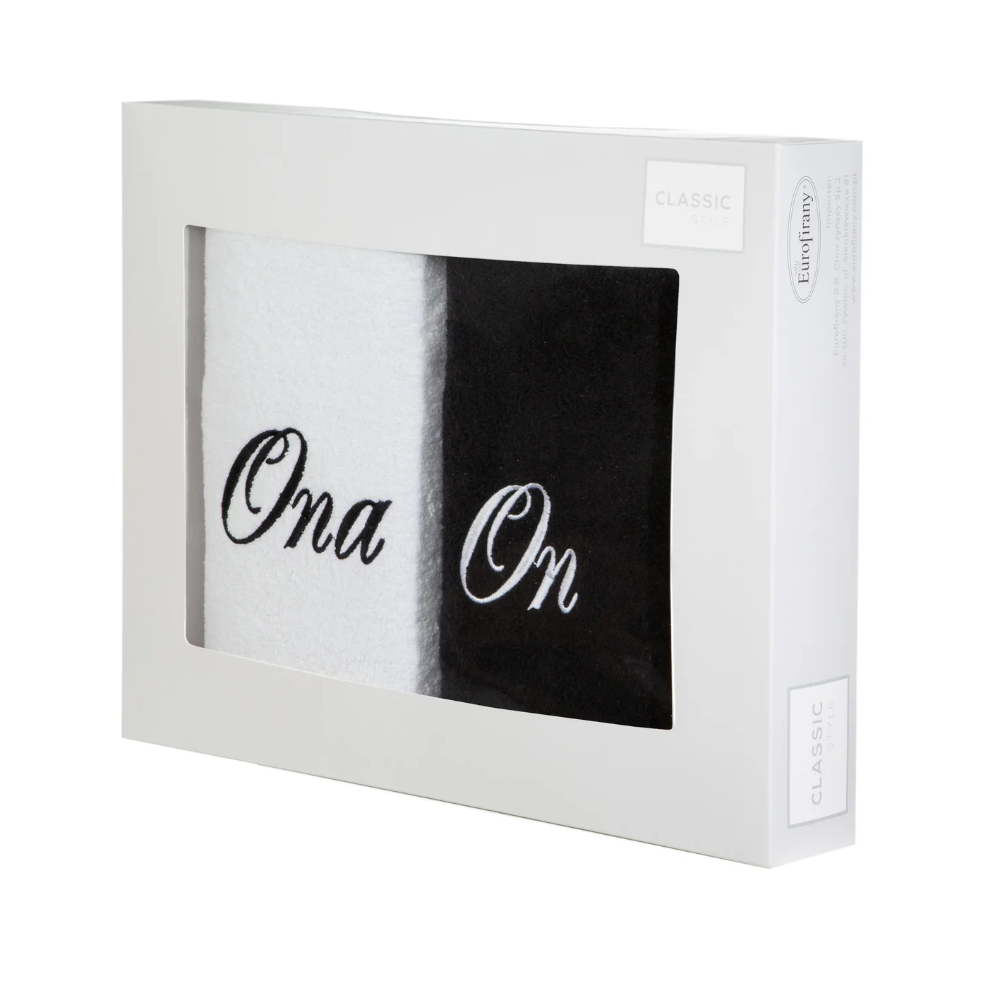 Zestaw upominkowy 2 szt ręczników  z haftem ONA i ON w kartonowym opakowaniu na prezent