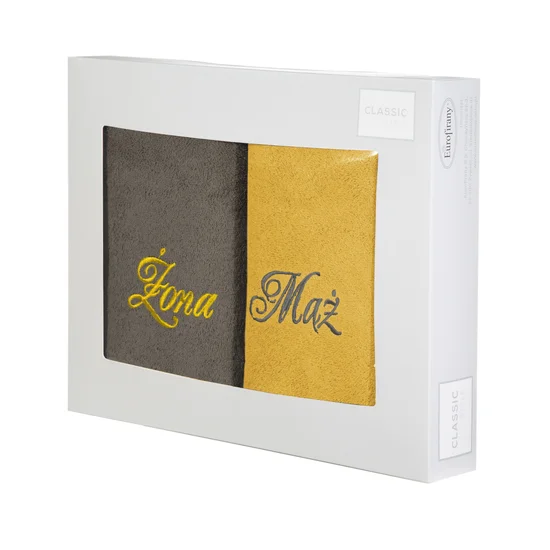 Zestaw upominkowy 2 szt ręczników  z haftem ŻONA i MĄŻ w kartonowym opakowaniu na prezent - 47 x 37 x 7 cm - stalowy