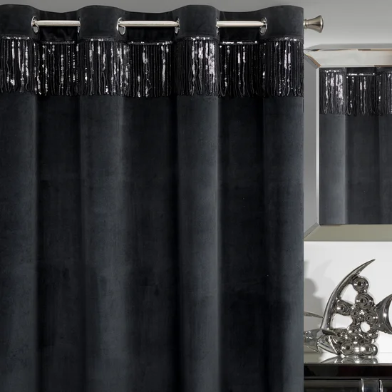 Zasłona JASPER z welwetu zdobiona połyskującym pasem cekinów - 140 x 250 cm - czarny