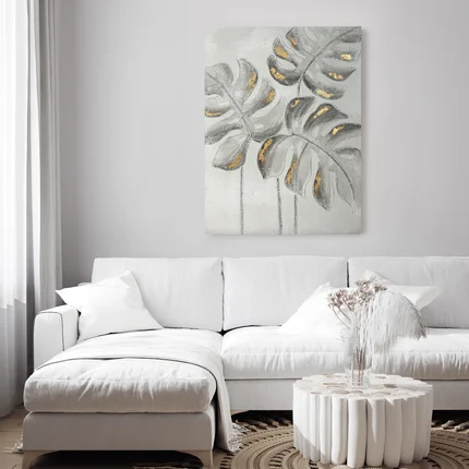 Obraz BOTANIC ręcznie malowane na płótnie liście monstery Obraz BOTANIC ręcznie malowane na płótnie liście monstery - 60 x 80 cm