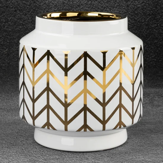 Wazon ceramiczny z geometrycznym wzorem biało-złoty - ∅ 18 x 19 cm - biały