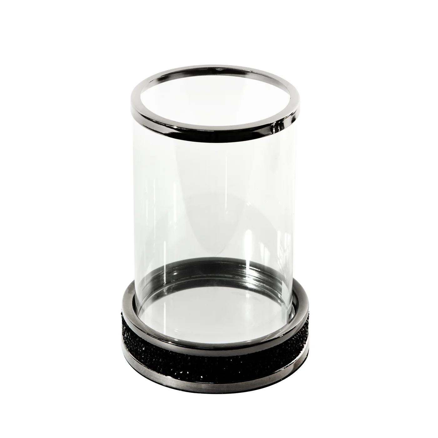 Świecznik dekoracyjny SUZIE z metalu ze szklanym kloszem dekorowany czarnymi kryształkami