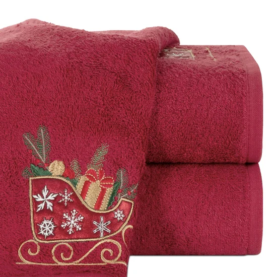 Ręcznik świąteczny SANTA 24 bawełniany z haftem z saneczkami - 70 x 140 cm - czerwony