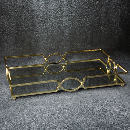 Taca dekoracyjna LETA z lustrzanym blatem i metalowym obrzeżem w stylu art deco, złota - 30 x 45 x 7 cm - złoty