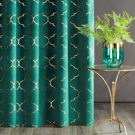 Zasłona welwetowa ze złotym nadrukiem wzór marokańskiej koniczyny - 140 x 250 cm - zielony
