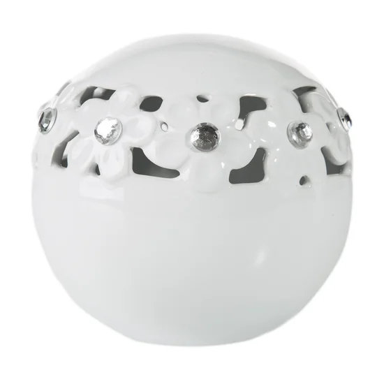 Kula ceramiczna SABRINA dekorowana kwiatowym zdobieniem i kryształkami ażurowa - ∅ 12 x 11 cm - biały