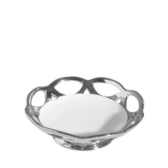 Patera ceramiczna DENA biało-srebrna z ażurowymi brzegami - 20 x 20 x 6 cm - biały/srebrny