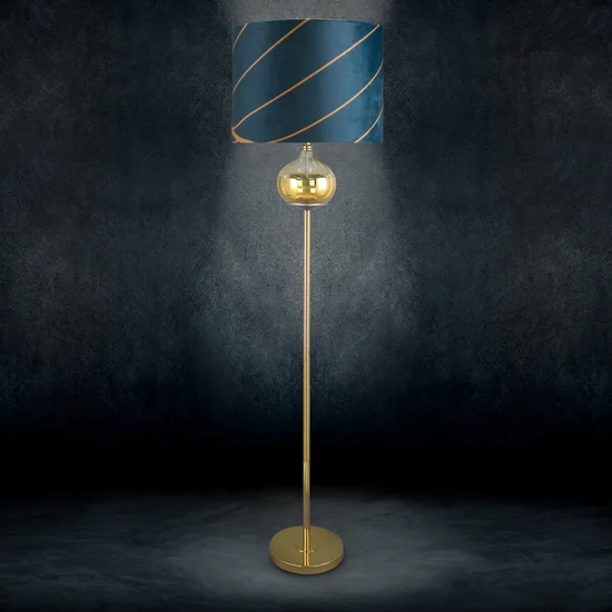 LIMITED COLLECTION Lampa stojąca LOTOS 2 ze szklaną ozdobą z efektem ombre i welwetowym abażurem HARMONIA TURKUSU - ∅ 43 x 157 cm - turkusowy