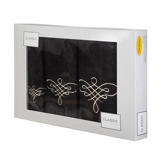 Komplet ręczników z ornamentowym haftem w kartonowym opakowaniu - 56 x 36 x 7 cm - czarny