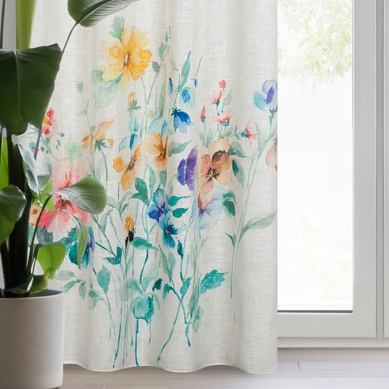 Zasłona AMELIA z tkaniny z dodatkiem lnu z barwnym kwiatowym motywem - 140 x 260 cm - naturalny
