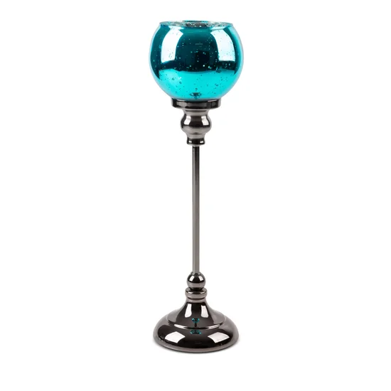 Świecznik bankietowy szklany FIBI  na wysmukłej metalowej  nóżce ze szklanym kloszem - ∅ 12 x 40 cm - turkusowy