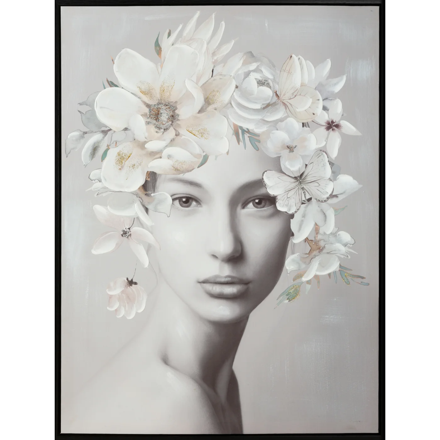 Obraz ROMANCE 1 portret kobiety w nakryciu głowy z kwiatów ręcznie malowany na płótnie w ramie