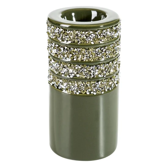 Świecznik ceramiczny GLOW dekorowany drobnymi kryształkami - ∅ 8 x 15 cm - oliwkowy