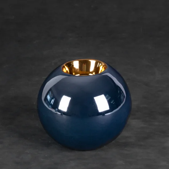 Świecznik ceramiczny AMORA 1 o lśniącej powierzchni ze złotym detalem, kulisty - ∅ 9 x 8 cm - granatowy