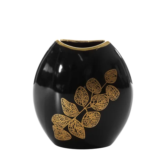 Wazon ceramiczny z nadrukiem ażurowej złotej gałązki - 18 x 9 x 20 cm - czarny