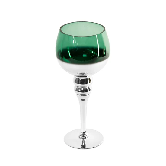 Świecznik bankietowy szklany CLOE na wysmukłej nóżce srebrno-zielony - ∅ 12 x 30 cm - biały