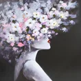 Obraz WOMAN 2 kobieta z głową w kwiatach ręcznie malowany na płótnie - 80 x 80 cm - czarny 1