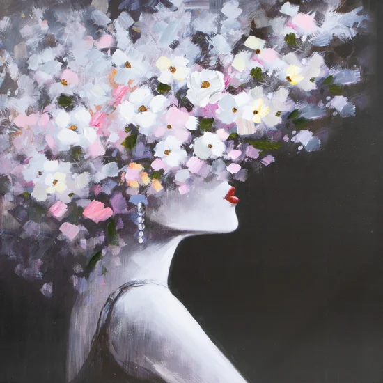 Obraz WOMAN 2 kobieta z głową w kwiatach ręcznie malowany na płótnie - 80 x 80 cm - czarny