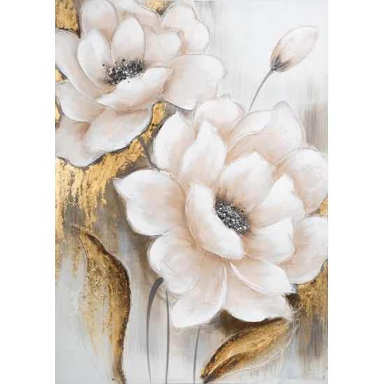 Obraz BLOOM ręcznie malowane na płótnie kwiaty z aplikacją zdobione kryształkami - 70 x 100 cm - biały