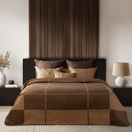 EVA MINGE Miękki w dotyku koc bawełniano-akrylowy z geometrycznym nadrukiem ELEGANTE 220 x 240 cm miodowy,brązowy | Eurofirany