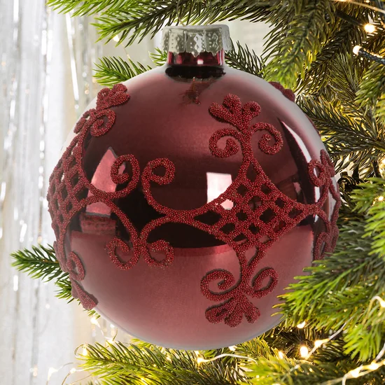 Bombka szklana z wypukłym ornamentem ręcznie zdobiona, błyszcząca - ∅ 10 cm - czerwony