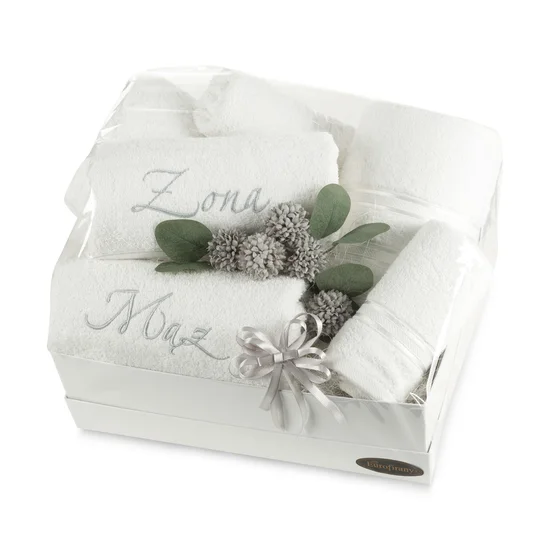 Zestaw prezentowy - 6 szt ręczników z haftem  ŻONA i MĄŻ, elegancki prezent na ślub, rocznicę - 50 x 40 x 30 cm - biały