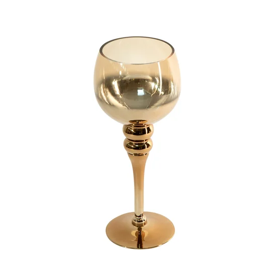 Świecznik bankietowy szklany CLOE na wysmukłej nóżce miedziano-złoty - ∅ 12 x 30 cm - złoty