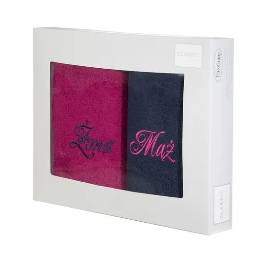 Zestaw upominkowy 2 szt ręczników  z haftem ŻONA i MĄŻ w kartonowym opakowaniu na prezent - 47 x 37 x 7 cm - amarantowy