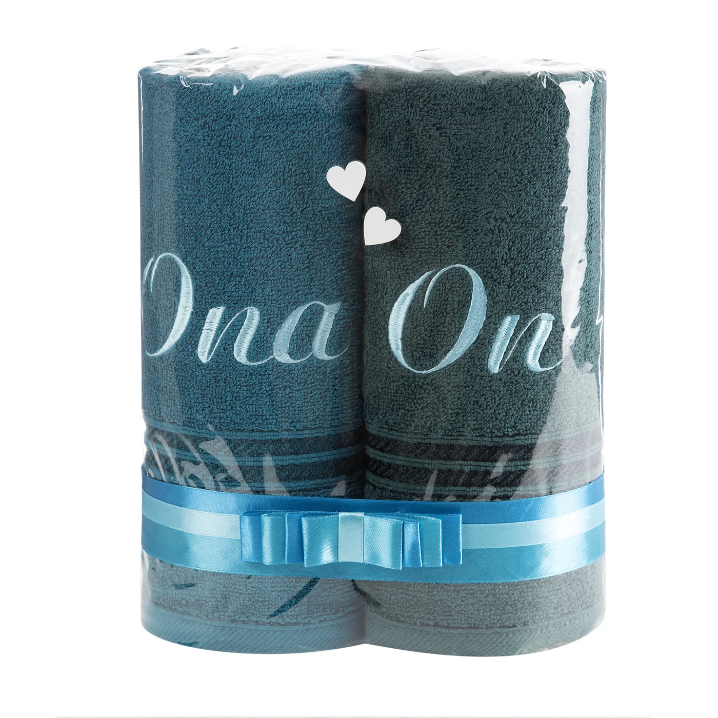 Zestaw prezentowy - komplet 2 szt. ręczników z haftem ONA i ON