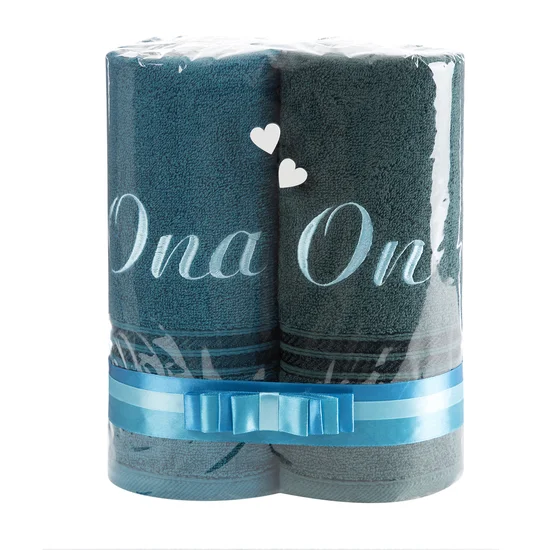 Zestaw prezentowy - komplet 2 szt. ręczników z haftem ONA i ON - 25 x 25 x 10 cm - ciemnoturkusowy